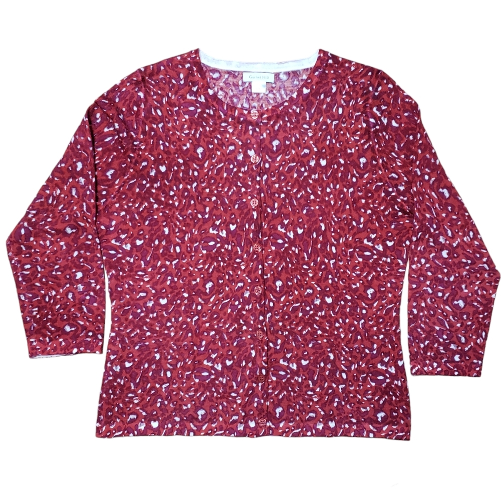 Garnet Hill Cardigan Marino Sweayer Wool Animal Print Pattern Red M NWOT